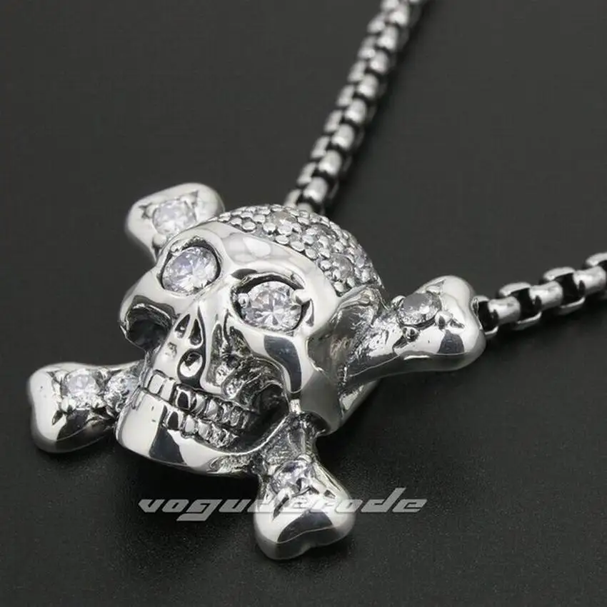 

LINSION 925 Sterling Silver White CZ Stone Pirate Skull Cross Bone Mens Biker Rock Punk Pendant 8N013