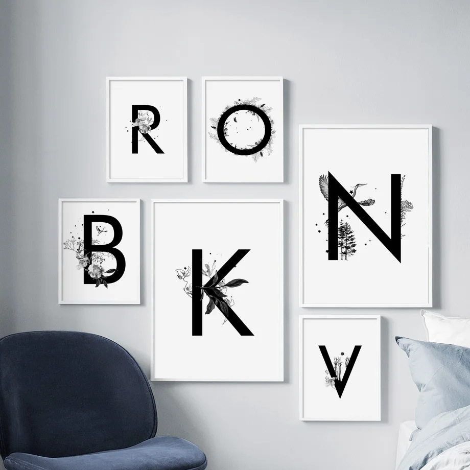 

Wall Art Canvas Painting 26 English Letters Flower Abstract Nordic Posters And Prints Black White Wall Pictures For Living Room