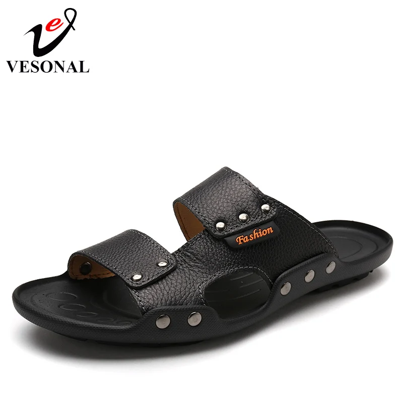 

VESONAL Brand 2018 Summer Slides Slippers Men Shoes Casual Genuine Leather Fashion Metal Decoration Male Beach New Arrival 1701