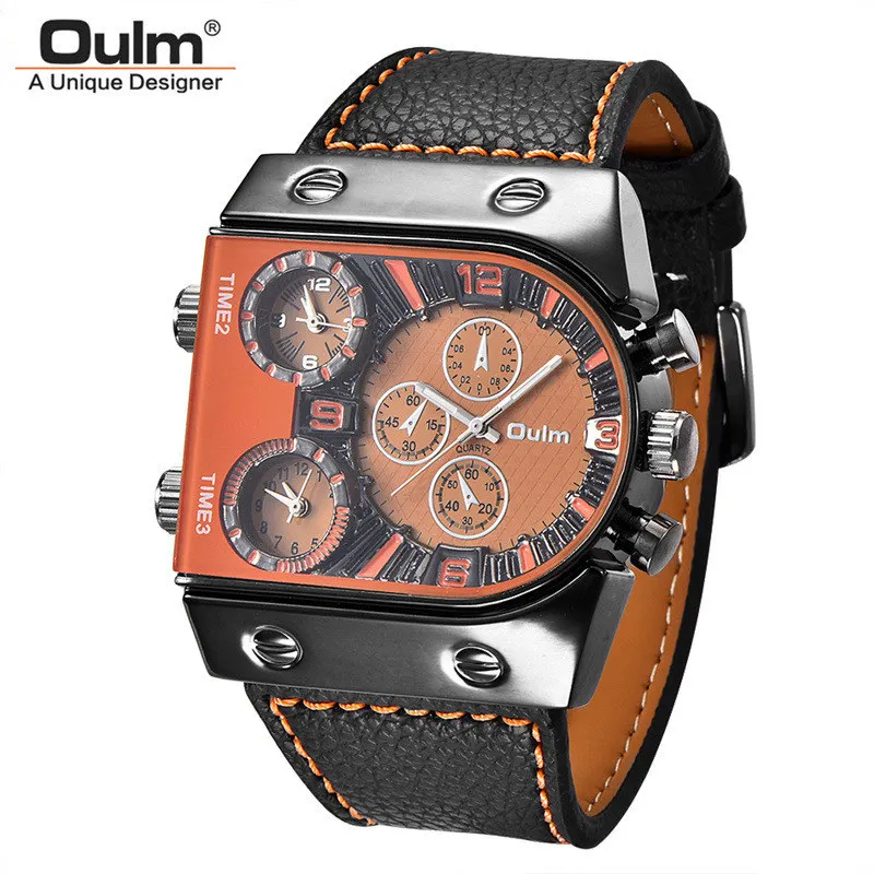 Oulm Luxury Men Watch Leather Wrist Watch For Man Three Time Zone