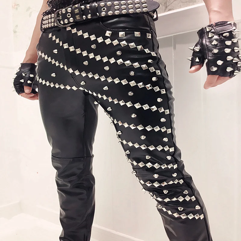 Personality Slim Motorcycle Thin Suit Male and Female Singers Costumes Non-mainstream Punk PU Locomotive Feet Leather Pants