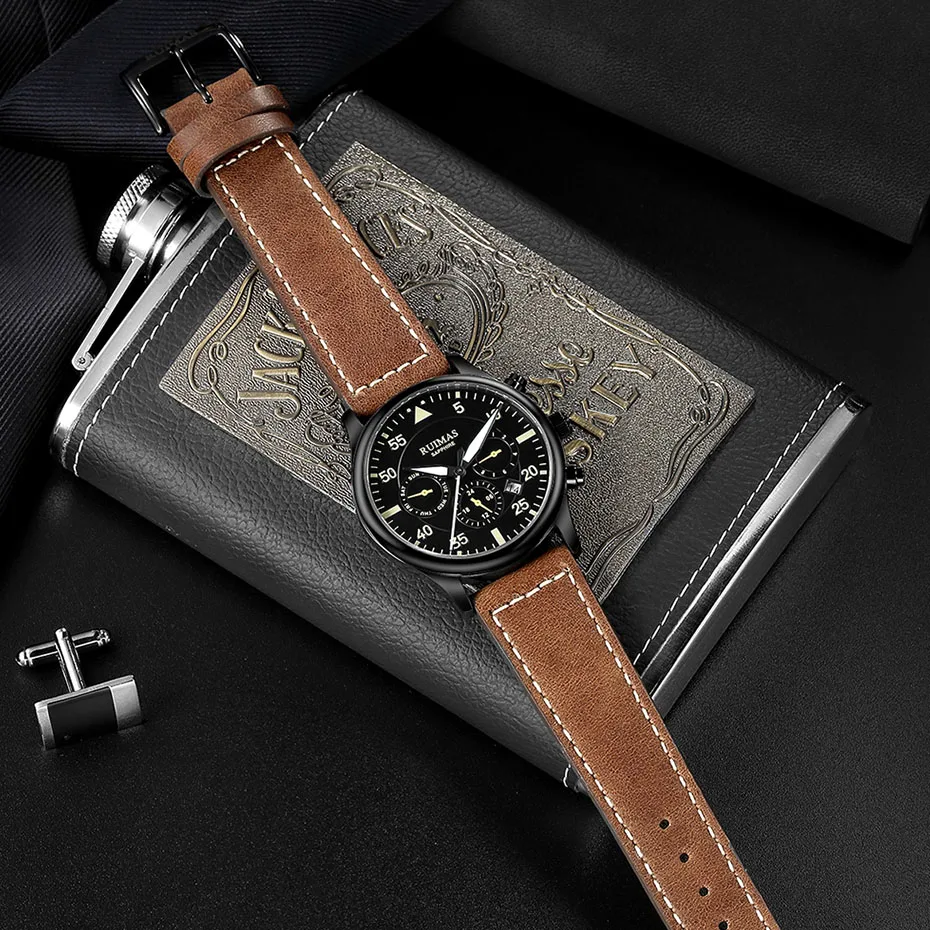 RUIMAS الرجال الموضة حقيقية الجلود حزام ووتش التلقائي الأعمال ساعات آلية الذكور ساعة المعصم Erkek كول الساعاتي