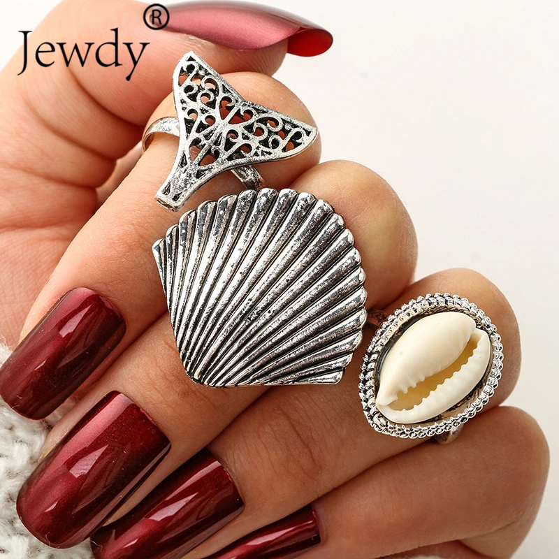 

3 PCS/Lot Vintage Big Elephant Shell Knuckle Rings Fashion Mermaid Midi Ring Set for Women Statement Jewellery