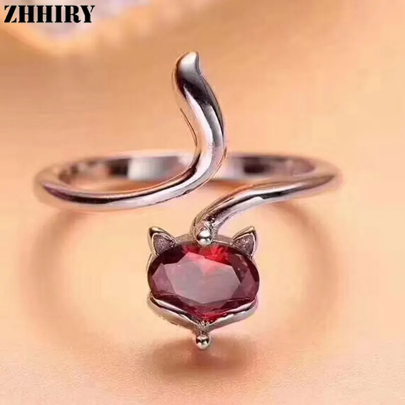 

ZHHIRY For Woman Genuine Natural Pyrope Garnet Ring 925 Sterling Silver Rings Color Gemstone Fox Shape Fine Jewelry