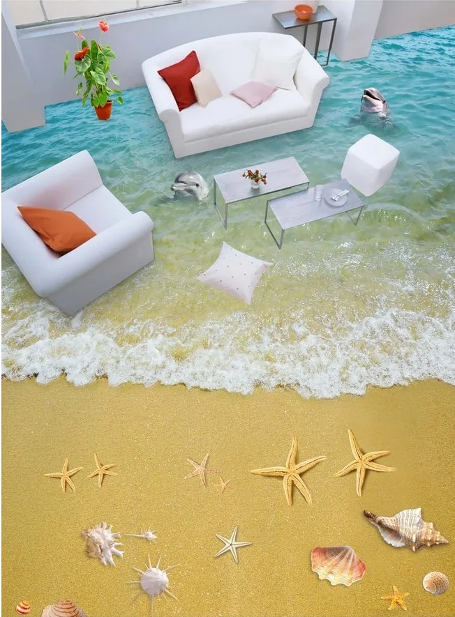

3 d pvc flooring custom wall paper sticker 3d Dolphin beach waves 3d bathroom flooring paintings photo 3d wall mural wallpaper