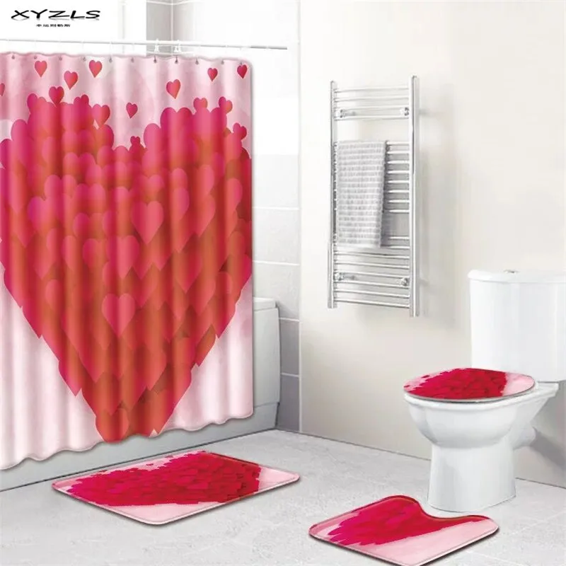 XYZLS Valentine Love Heart Shower Curtain Set Polyester Waterproof Bath
