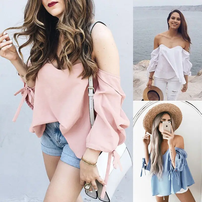 

AU Casual Women Loose Pullover Slash Neck T Shirt Seven sleeves Top T Shirt