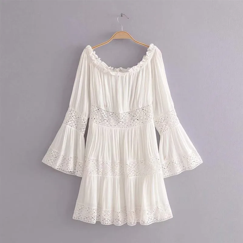 yinlinhe Lace White Summer Dress Long Sleeve Off Shoulder Women Dress Sexy Hollow Out Slash Neck Elegant Vestidos    8