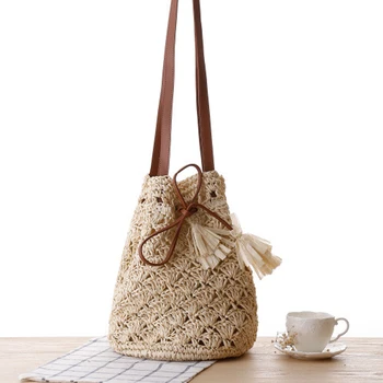 

New Women Summer Bucket Bags Casual Beach Straw Handbags Girls Knitting Drawstring Messenger Crossbody Small Shoulder Bag Bolsos