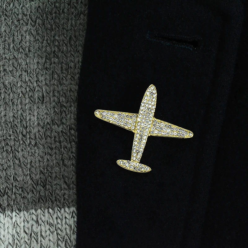 

Vintage Gold Color Alloy Airplane Collar Pins And Brooches For Women Fashion Rhinestone Coat Suit Bouquet Jewelry Accessoires