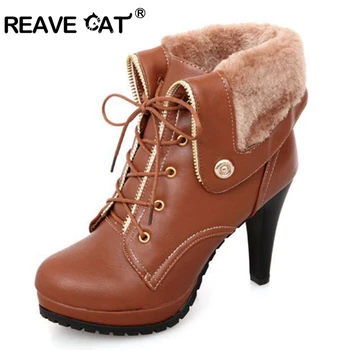 

REAVE CAT Soft PU leather Autumn winter Warm women ankle boots High thin heels Shoes women Botas feminino mujer Round toe