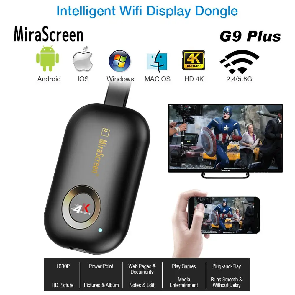 Mirascreen G9 Plus 2,4G/5,8G 4K беспроводной HDMI Wifi Дисплей донгл ТВ-палка зеркальное отображение Miracast Airplay для Android iOS