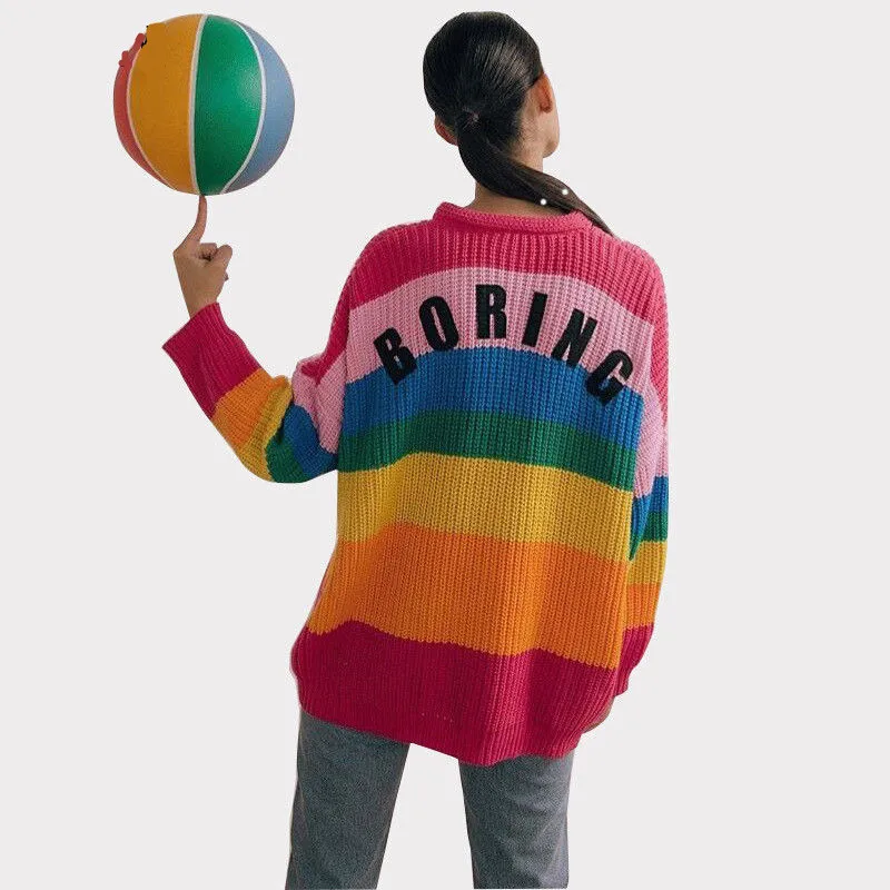 

2019 Spring Fashion Korean Women Rainbow Oversized Cardigan Long Knitted Sweater Cape Tops Femme Warm Sweaters Sueter Mujer