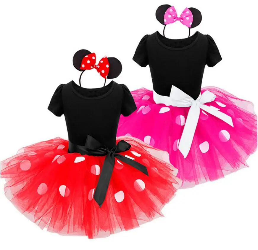 

New Child Girls Dresses Minnie Mouse Vampire Party Fancy Costume Cosplay Girl Ballet Tutu Dress+Ear Headband Polka Dot Clothing