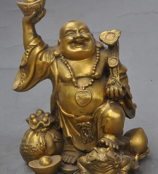 

7"chinese buddhism brass yuanbao Peach money bag spittor Maitreya buddha statue