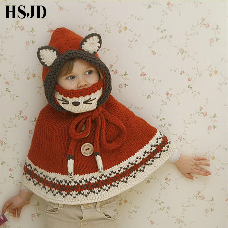 

Kids Winter Hats Children Handmade Crochet Fox Warm Caps Scarf Set Baby Bonnet Enfant Cartton Cute Hat with Cloak for Girl Gift