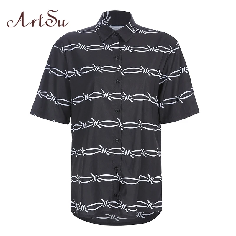 

ArtSu Printed Black Women Shirts Korean Harajuku Long Blouse Ladies Casual Tops Summer Cardigan Streetwear Boho ASBL20468