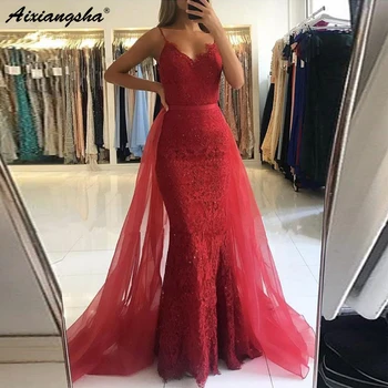 

Red Muslim Evening Dresses 2018 Spaghetti Straps Tulle Train Lace Beaded Mermaid Formal Dress Long Elegant Evening Gown