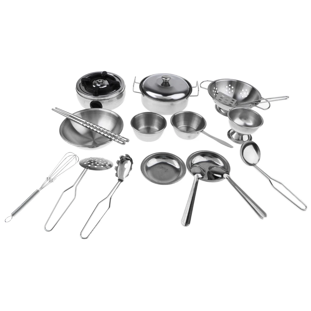 18 Pieces Simulation Silver Stainless Steel Cookware Pan Bowl Chopsticks Dish Plate Stove Children Real Cooking Toy Role Play