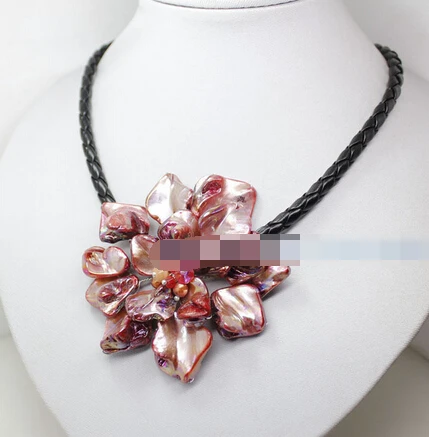

FREE SHIPPING>>@> A906 red mother of pearl shell weave flower pendant necklace 18" fashion jewelry