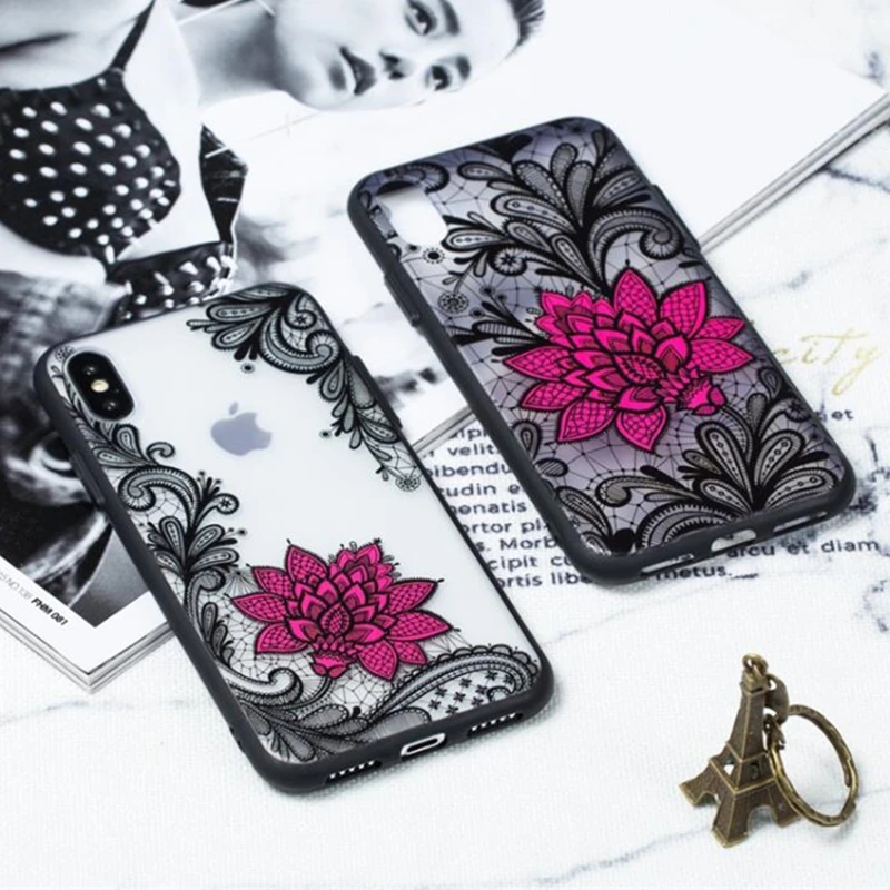 

3D Relief Floral Case For iPhone 5 5S SE 6 6S 7 8 Plus X Case Sexy Lace Mandala Vintage Flower Patterned Hard PC+TPU Back Cover