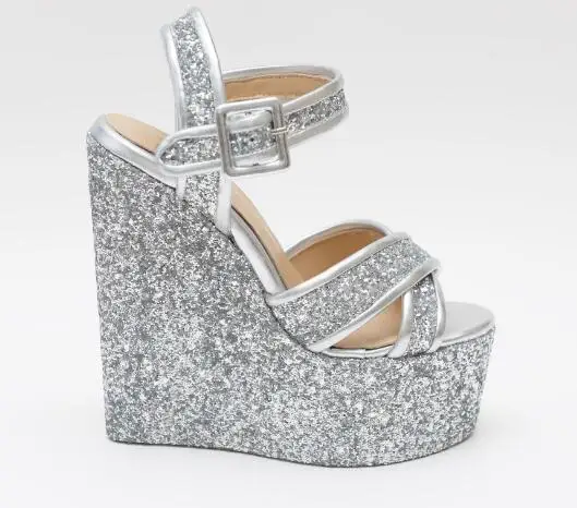 

Moraima Snc Silver Glitter Embellished Platform Wedge Sandal Sexy Peep Toe Ankle Strap Dress Shoes Woman Party Wedding Heels