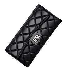 Schwarz schaffell frauen brieftasche fashion echtes leder damen lange kupplung taschen marke stile geldbörse kartenhalter geburtstagsfeier geschenk