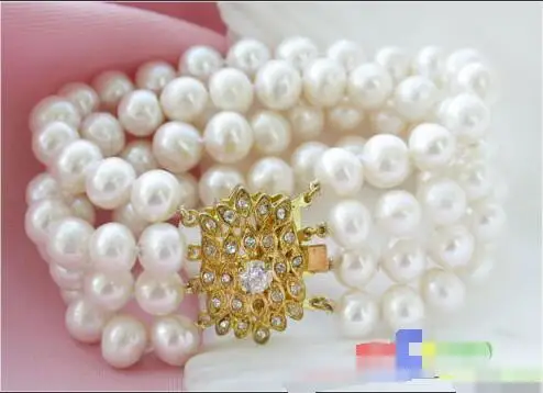 

Free shipping hot sale Women Bridal Wedding Jewelry >> 4ROW 7MM WHITE ROUND FRESHWATER CULTURED PEARL BRACELET