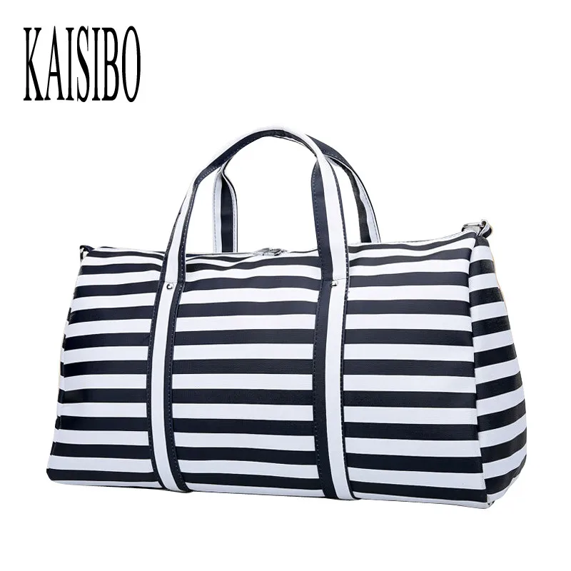 

KAISIBO Fashion Striped Women Travel Bag Black Women's Handbag Soft PU Leather High Quality White Large Women Bag
