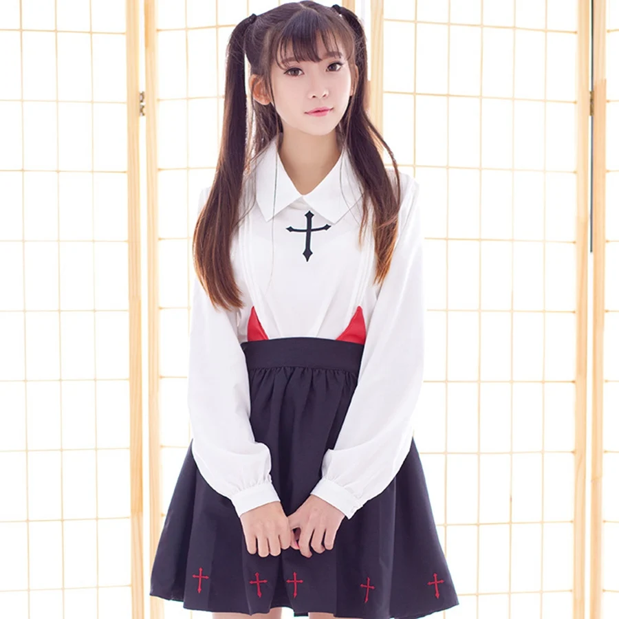 Femmes Lolita Croix Outfit Mignon \u0026quot;Diable\u0026quot; Style Blanc À Manches Longues Blouse Chemise Noir