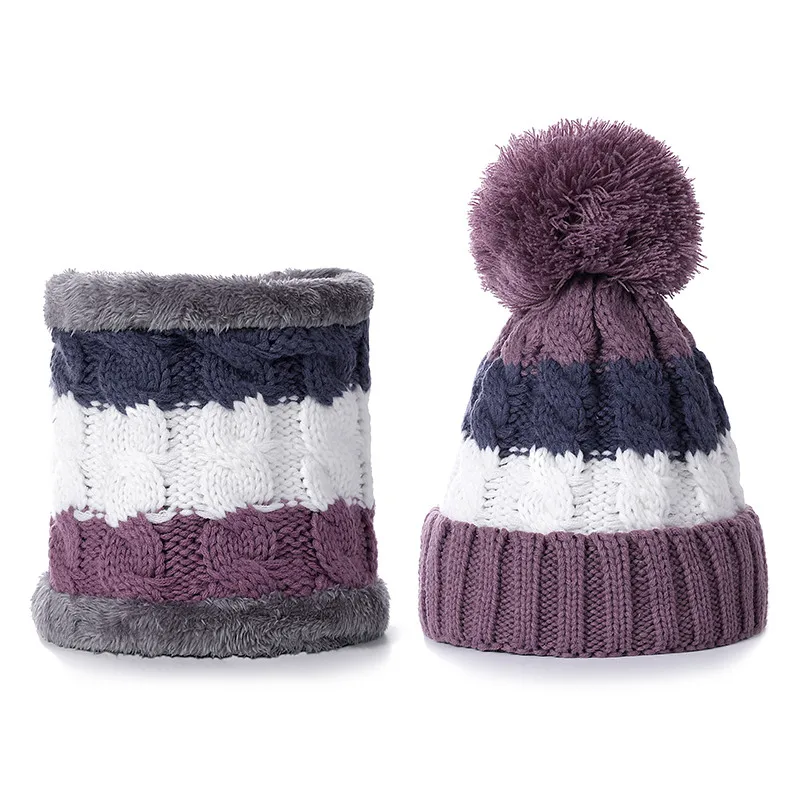 Новая теплая зимняя женская шапка, женская мягкая шапка с меховой подкладкой, теплый шарф для шеи, толстая цветная вязаная шапка в полоску, модная шапка с помпоном - Цвет: Together Purple Blue