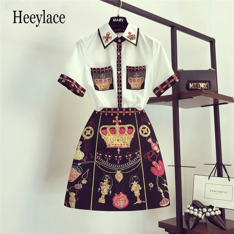 

Women Luxury Crown Print 2 Piece Clothing Set Summer Runway Beading Chiffon Blouse Shirt + Vintage Printed A-line Mini Skirt Set