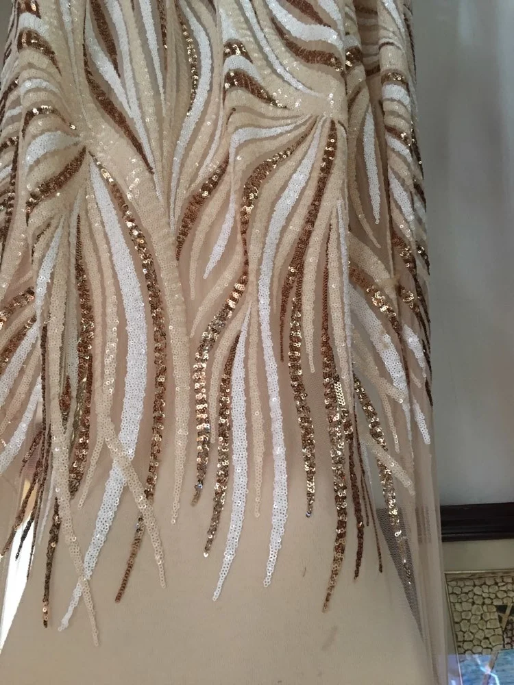 

Gold White New French Nigerian sequins net lace,African tulle mesh Sequence lace fabric high quality for Ladys wedding dress