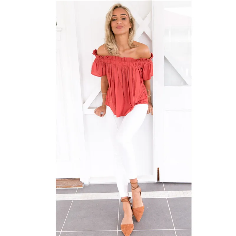 Off Shoulder Blouse Shirt Women Tops Ruffles Sexy Chiffon Blouse Elastic Collar Summer Top Chemise Femme Blusas12