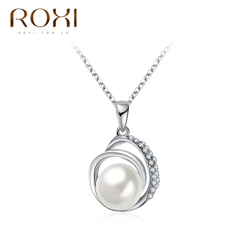 

ROXI Necklace for Women White Gold Color Hollow Round Imitation Pearls Zircon Pendant pingente Female choker Fashion Jewelry