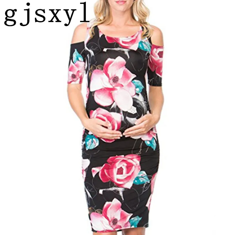 Gjsxyl Maternity dress Photo shoot Europe and the United States round neck strapless flower print loose pregnant women dress 