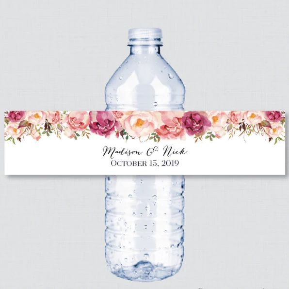 

24 Pieces(Just Labels), Custom Red Pink Flower Wedding Custom Water Bottle Labels, Personalized Water Bottle, Birthday, Baptism