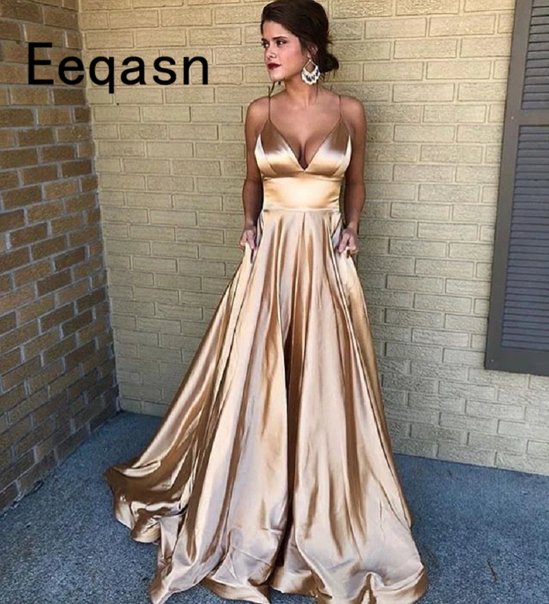 

Newest A Line Long Evening Dresses Elegant Elastic Satin Vestido De Festa V Neck Party Formal Prom Pageant Ball Gowns