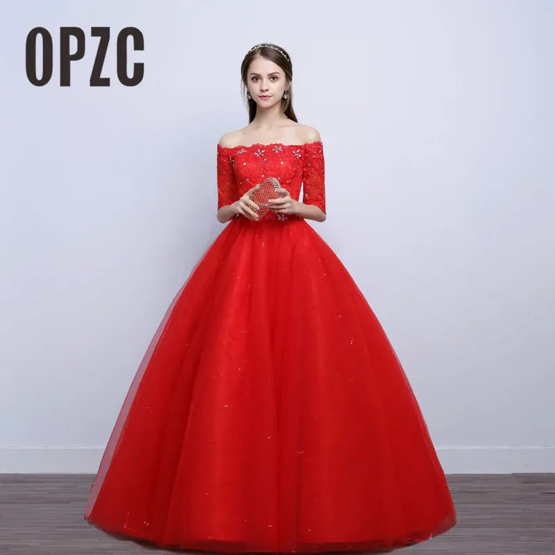 

Sexy Boat Neck Half Sleeve Wedding Dress Red Fashion Classic Vestido De Noiva 2017 New Hot Sale Korean style Elegant Princess