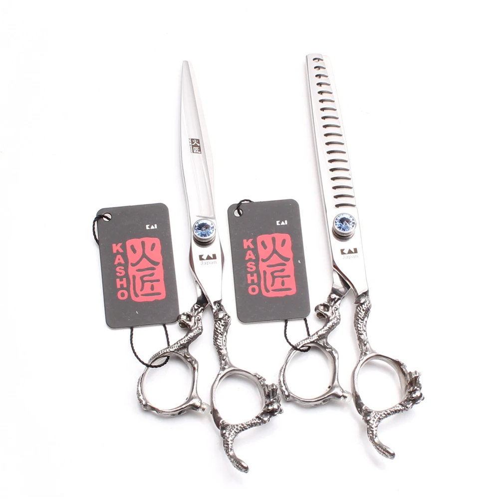 

7" 19.5cm 440C Kasho Straight Scissors Thinninng Shears Professional Pets Scissors Animal Shears Cats Dogs Grooming Shears H9006