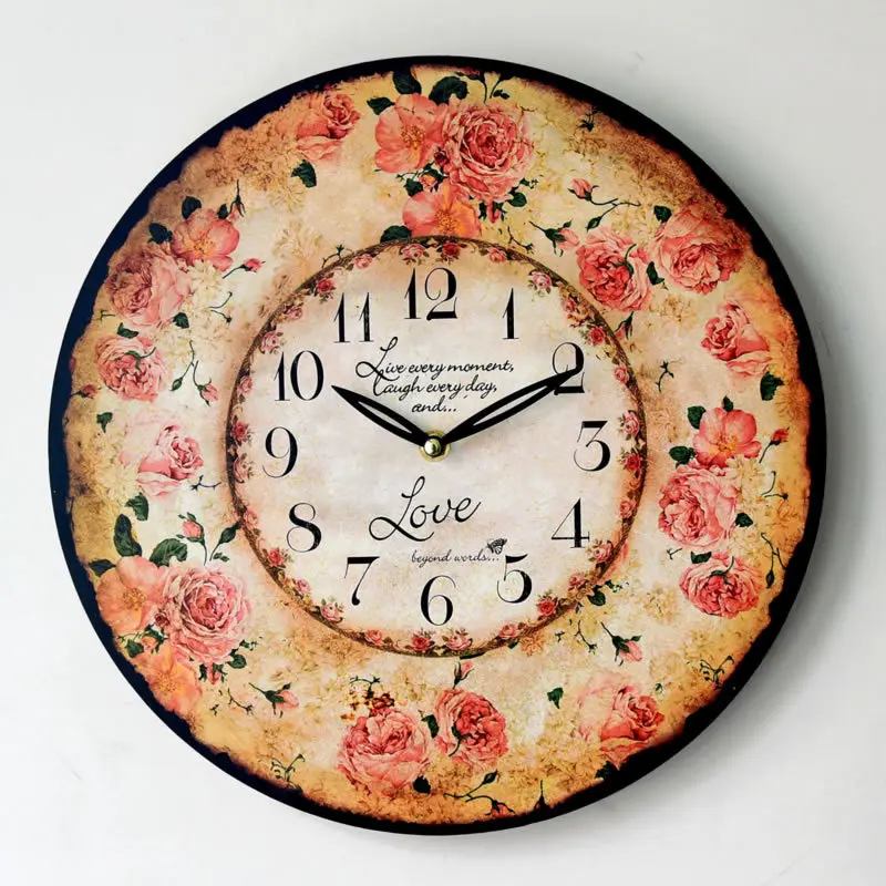 Romantic Rose Wall Clocks European Wood Painted Wall Clock Grocery Home