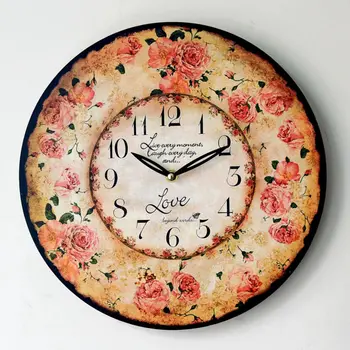 

Romantic Rose Wall Clocks European Wood Painted Wall Clock Grocery Home Furnishing Fashion Pendant