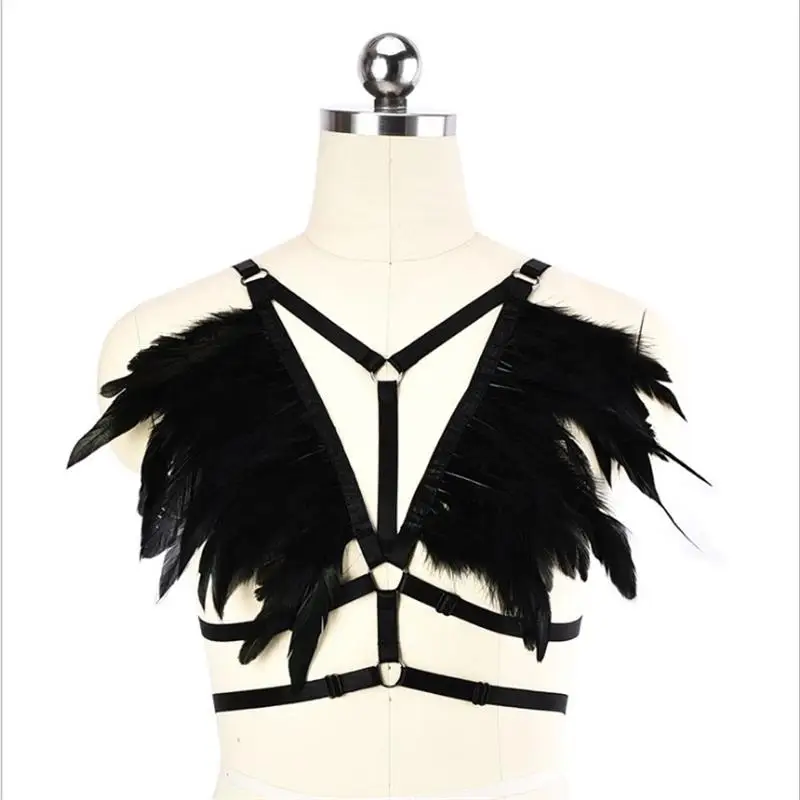 

Big Chunky Statement Polyester elastic body chain Luxury Style Feather black Harness Sexy Body Accessories For Women