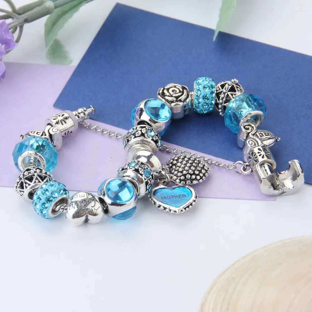 Новинка 1 шт синий Амулет браслет(мама сын) Высокое качество стеклянные бусины цветок кулон браслеты для женщин ювелирные изделия