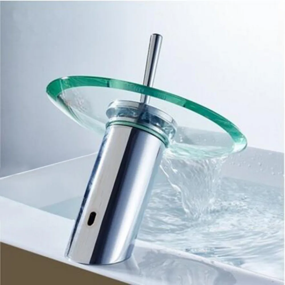 Billige Glas Wasserfall Bad Küche Waschbecken Runde Wasserfall Wasserhahn Messing Chrom Waschbecken Wasserhahn Einzigen Hebel Heißer Kalt Mischbatterie Freies schiff