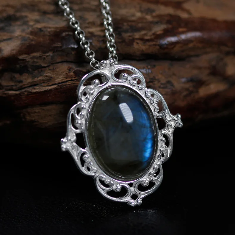 

INATURE Vinatge 925 Sterling Silver Blue Labradorite Necklace Pendant For women jewelry gifts