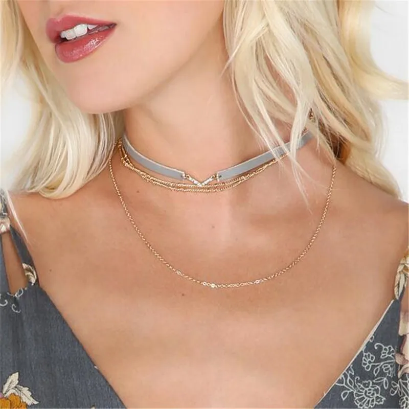 Punk Leather Choker Necklace Statement Rhinestone V Letter Necklaces For Women Fashion Clavicle Chain Multilayer Korean | Украшения и