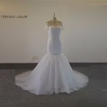 Boat Neck Mermaid Short Sleeves Beading Pearls Pleat Lace Up Back Tulle Bride Dress Bridal Gown Wedding dresses 2018