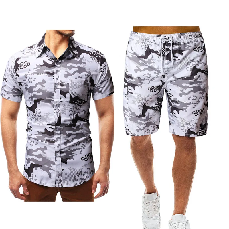 Летний мужской повседневный комплект Мужская одежда камуфляж Painti цветочный рубашка пляжные шорты принт рубашки шорты брюки комплект из
