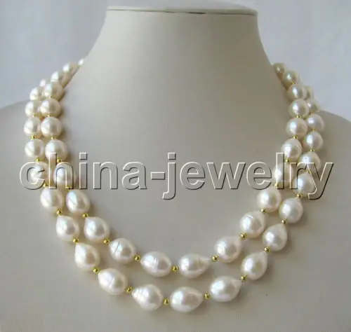 

******20-21"2row 12mm natural white baroque freshwater pearl necklace (A0322)